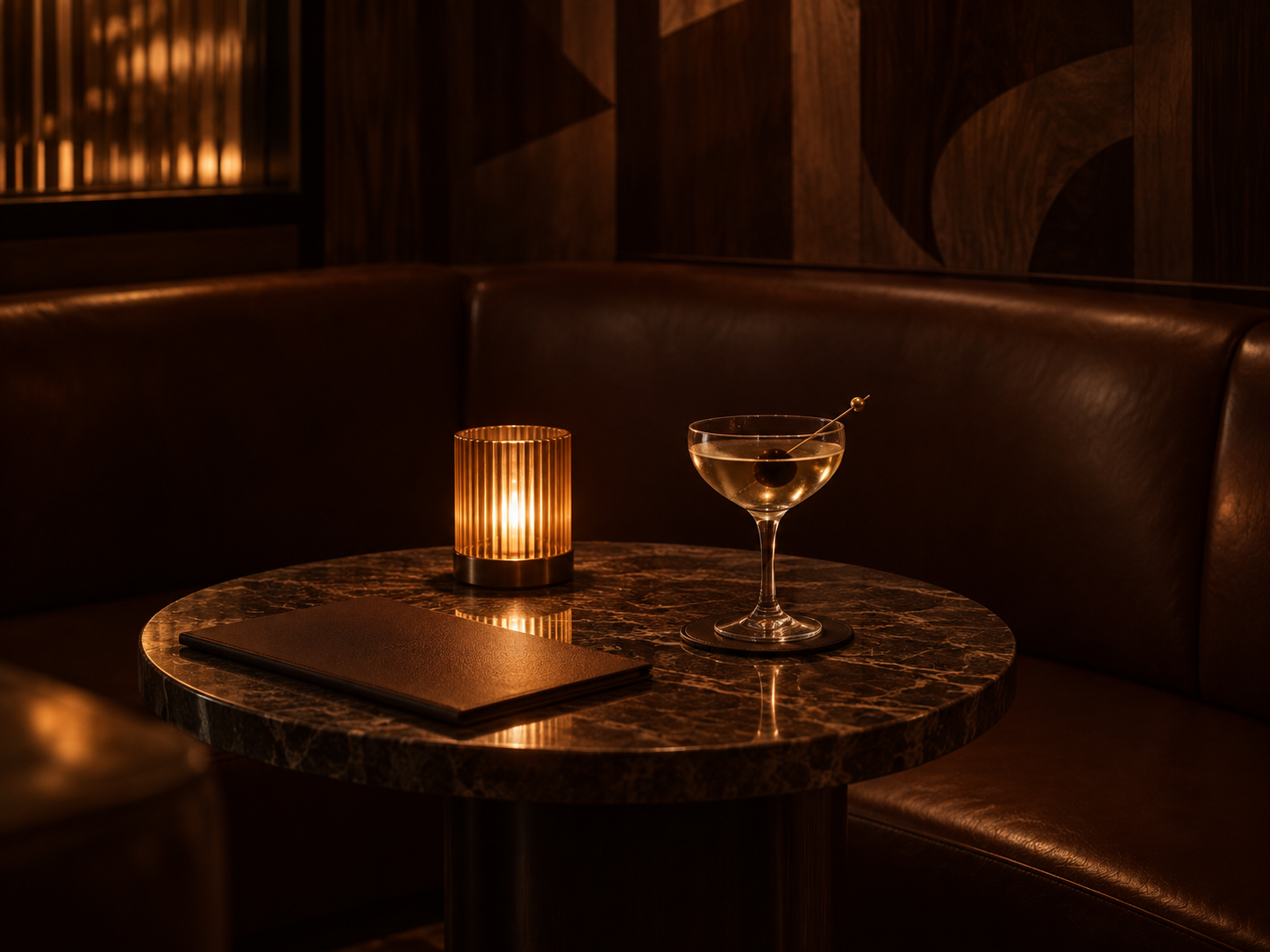Cocktail and candlelight on a dark marble table at JADE
